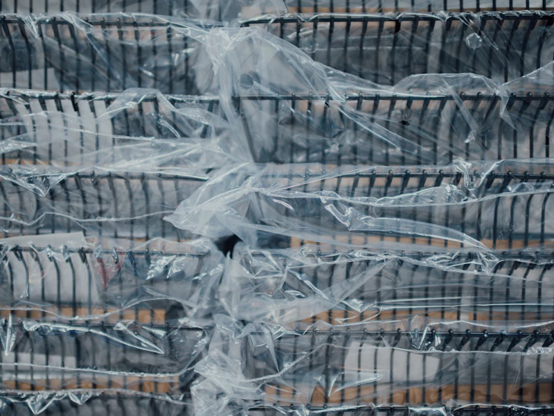 Furniture stacked and wrapped in protective plastic sheeting before a Dubai move